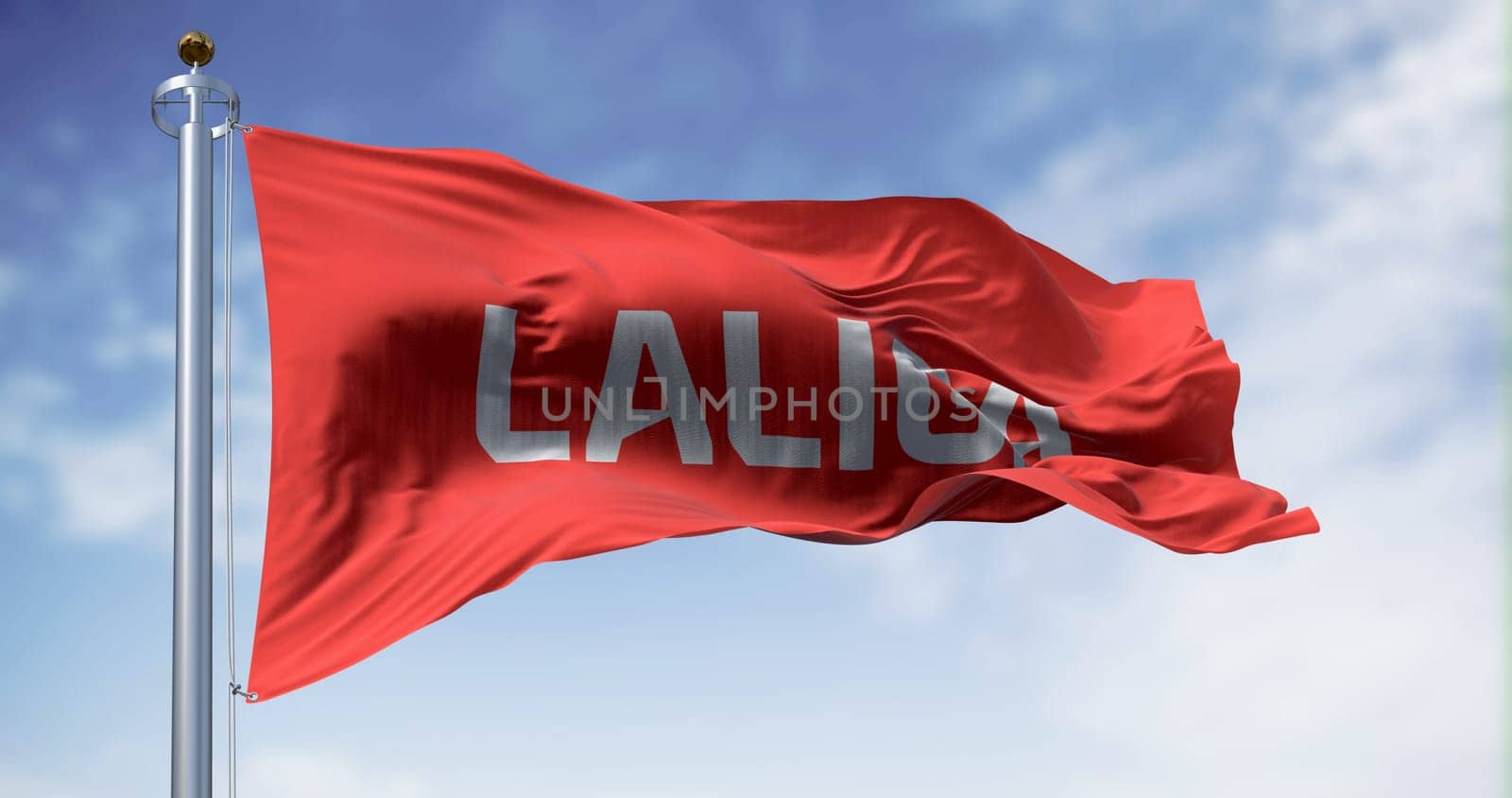 Madrid, SPA, July 10 2023: La Liga flag waving on a clear day. La Liga is the top professional football division of the Spanish football league system. Illustrative editorial 3d illustration render