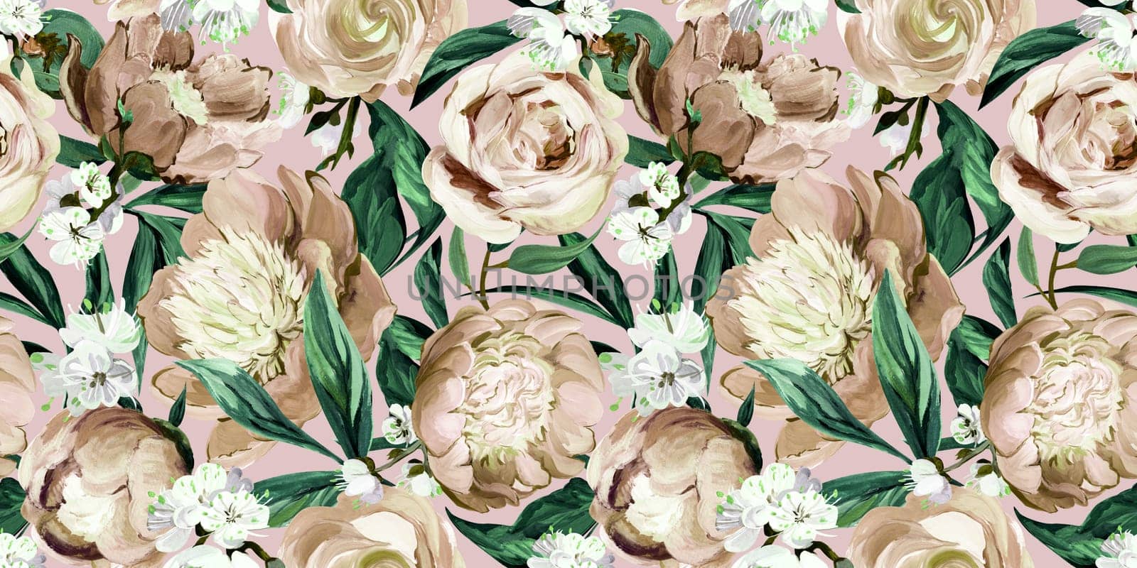 Botanical seamless pattern with peonies and sakura branches drawn in gouache for textile and design