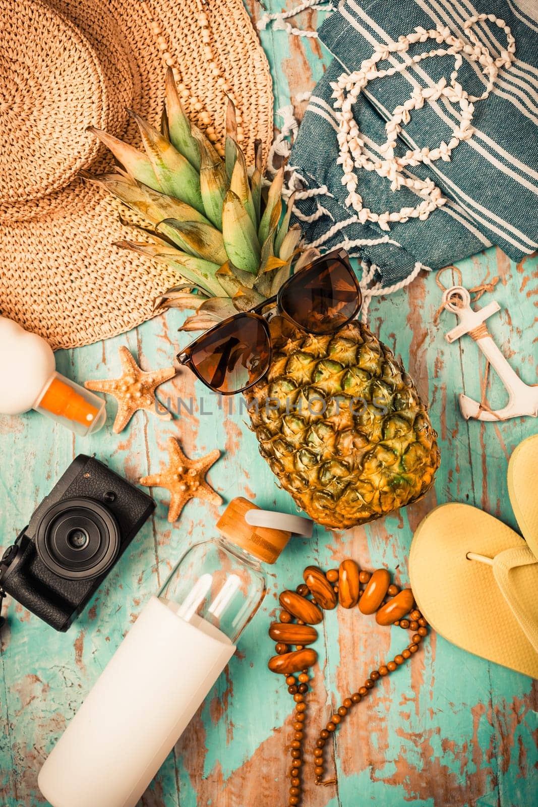 Summer vacation accessories, travel or vacation concept. Summer background.