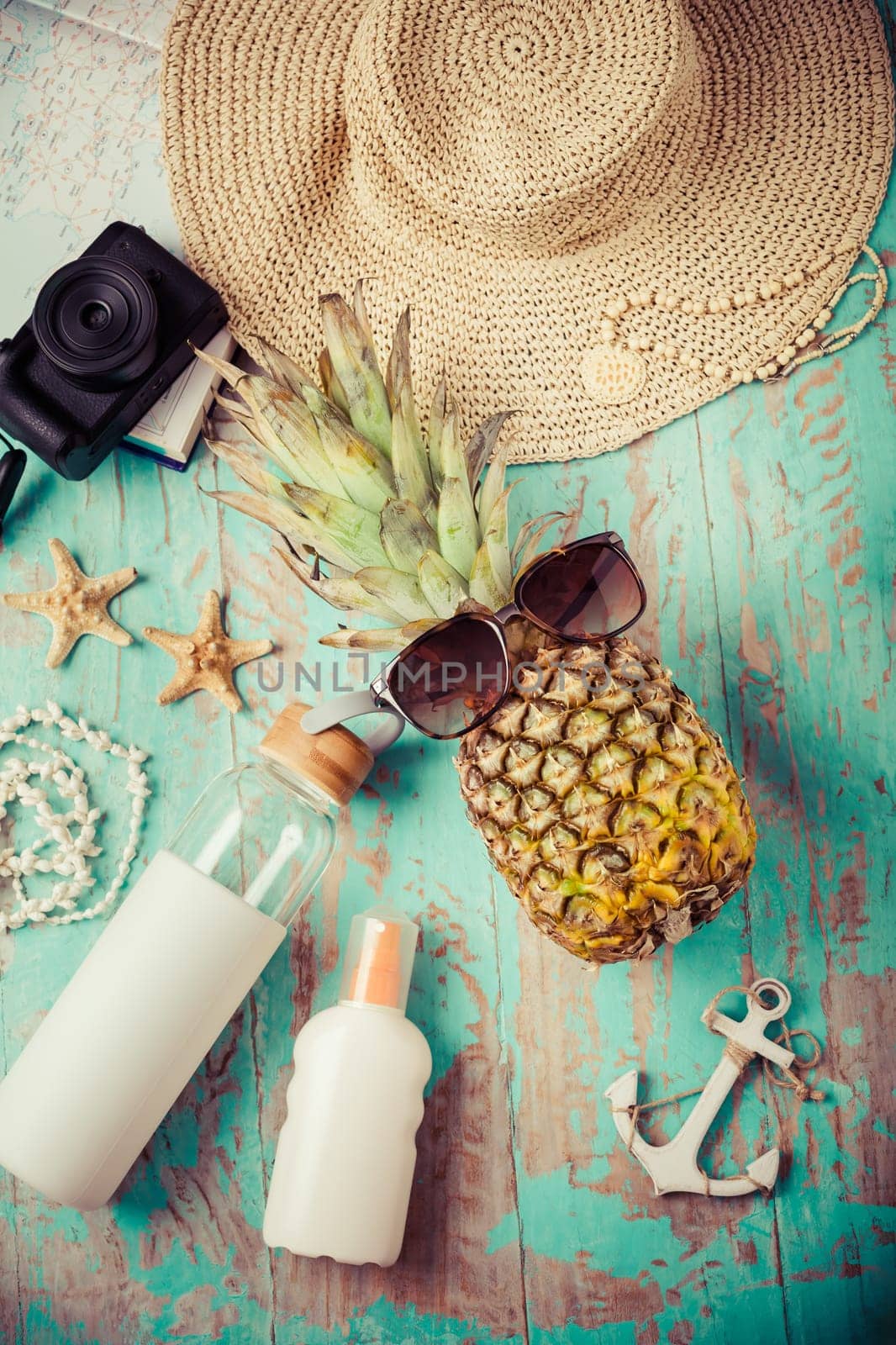 Summer vacation accessories, travel or vacation concept. Summer background.