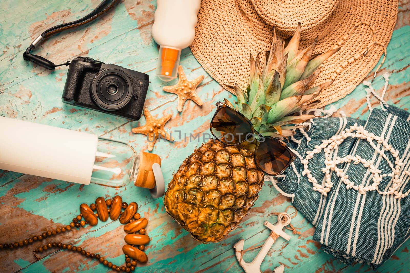 Summer vacation accessories, travel or vacation concept. Summer background.
