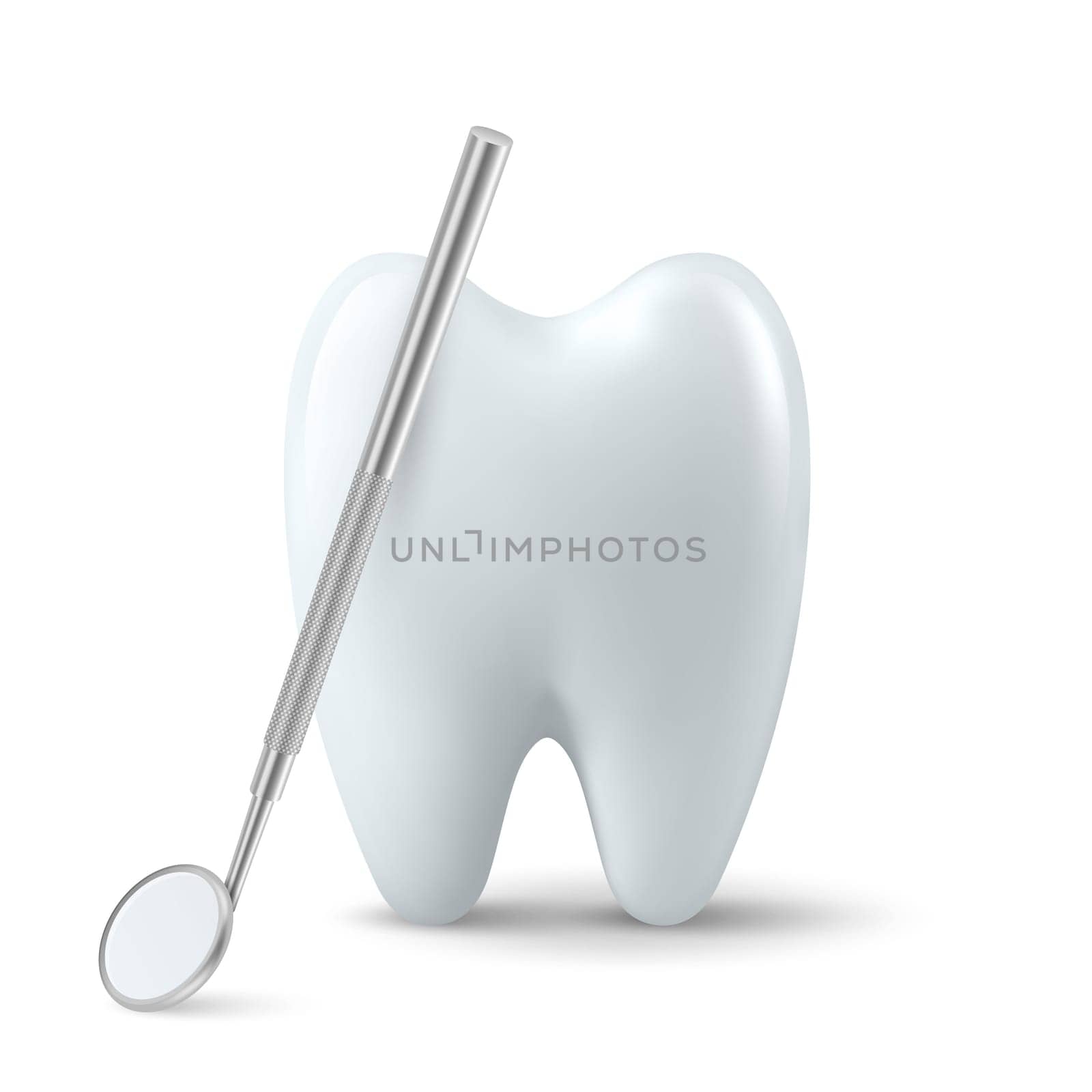 Vector 3d Realistic Dental Inspection Mirror for Teeth with Tooth Icon Closeup Isolated on White Background. Medical Dentist Tool. Design Template, Clipart. Dental Health Concept.