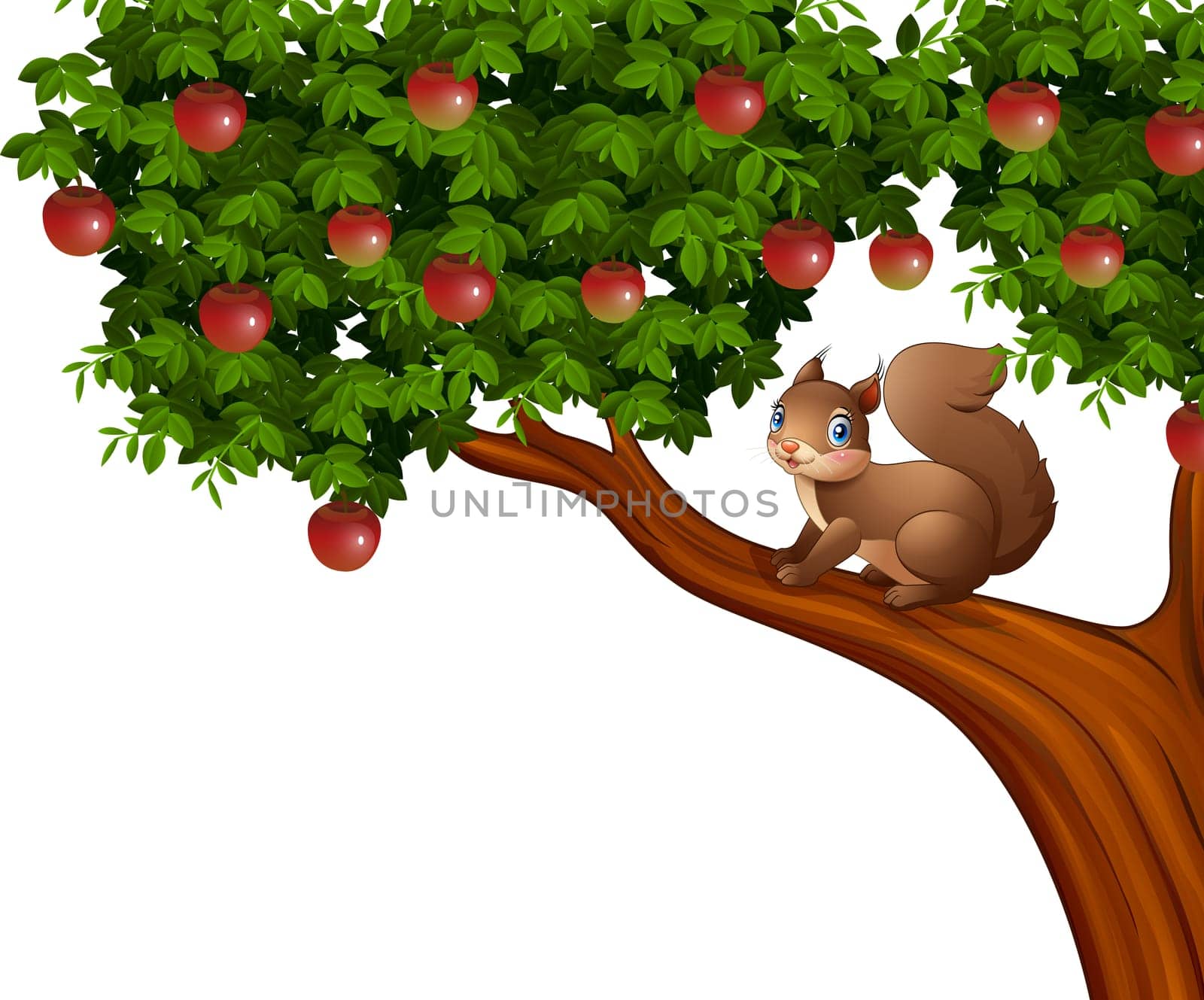 Cartoon squirrel on apple tree