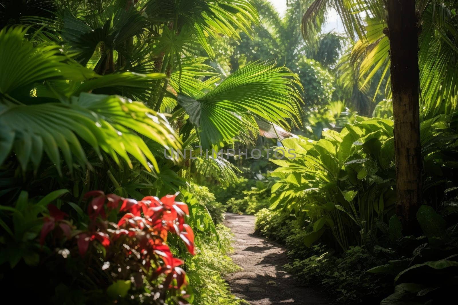 A path through a lush green forest filled with lots of plants