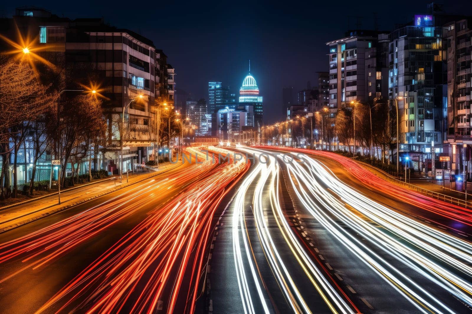 A city street filled with traffic at night