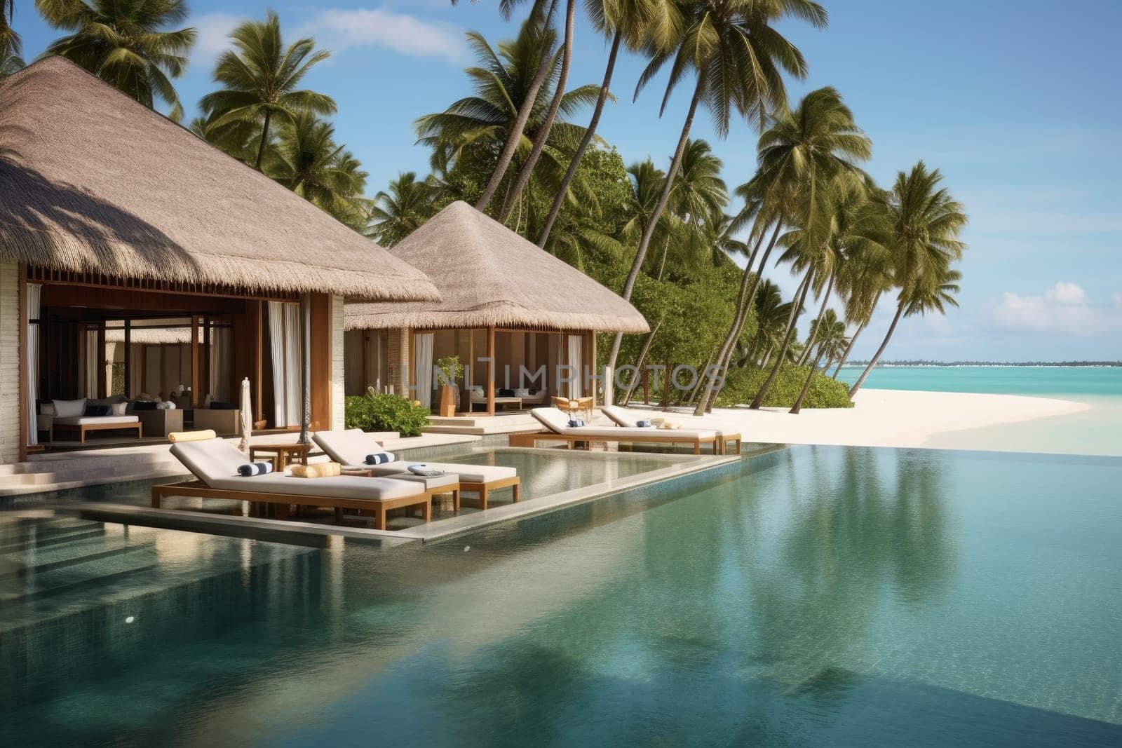 A couple of lounge chairs sitting on top of a swimming pool