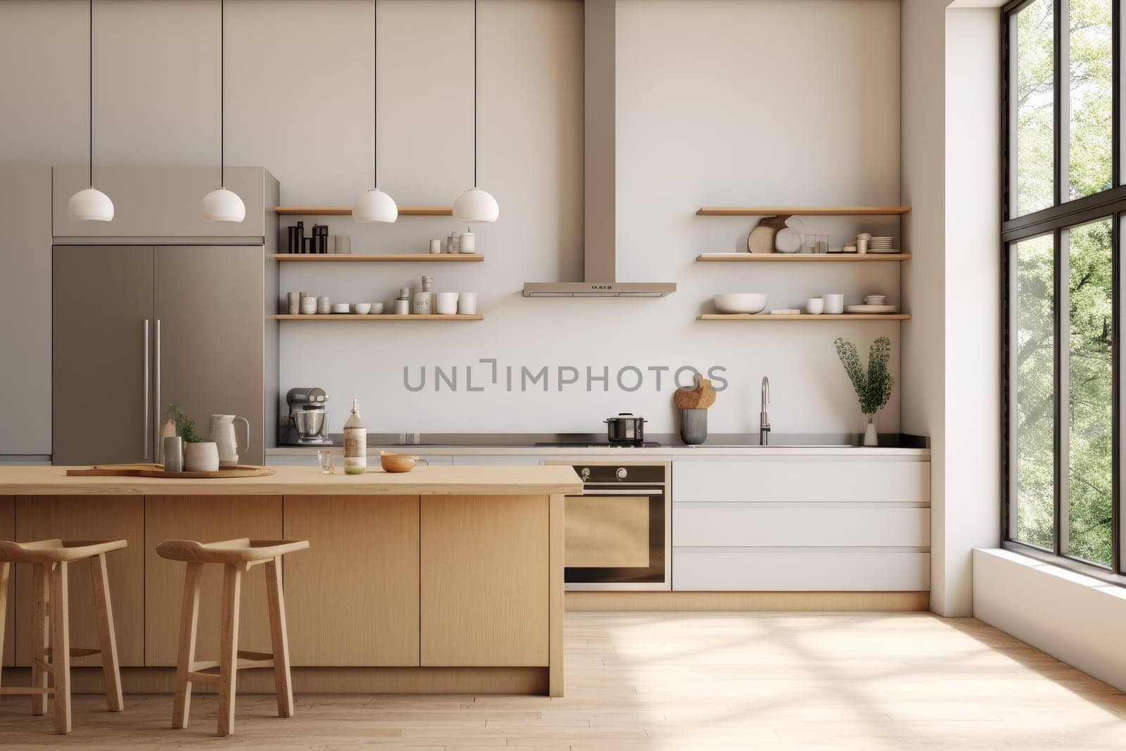A kitchen with a lot of counter space next to a window