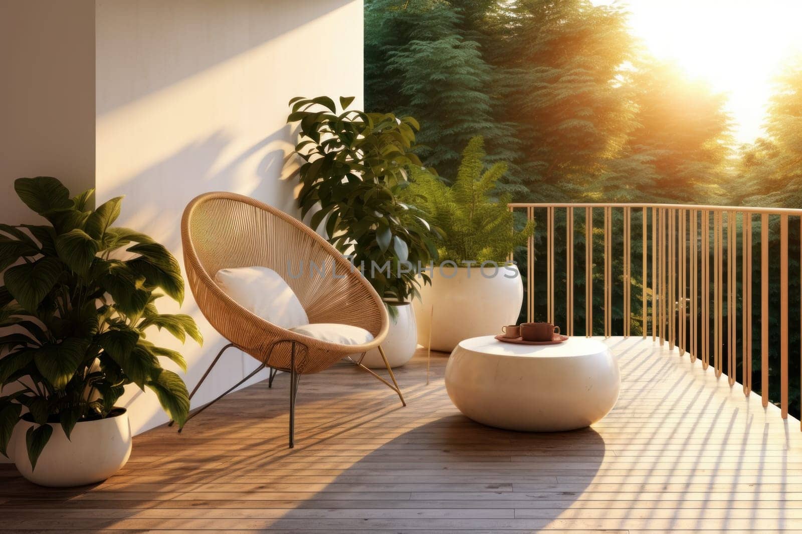 A wooden deck with a chair and potted plants