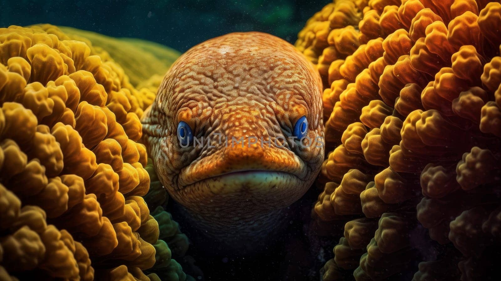 A close up of an eel peeking out from its hiding spot