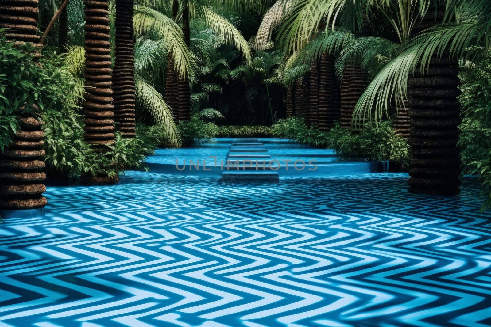 A painting of a pool surrounded by palm trees. Optical illusion