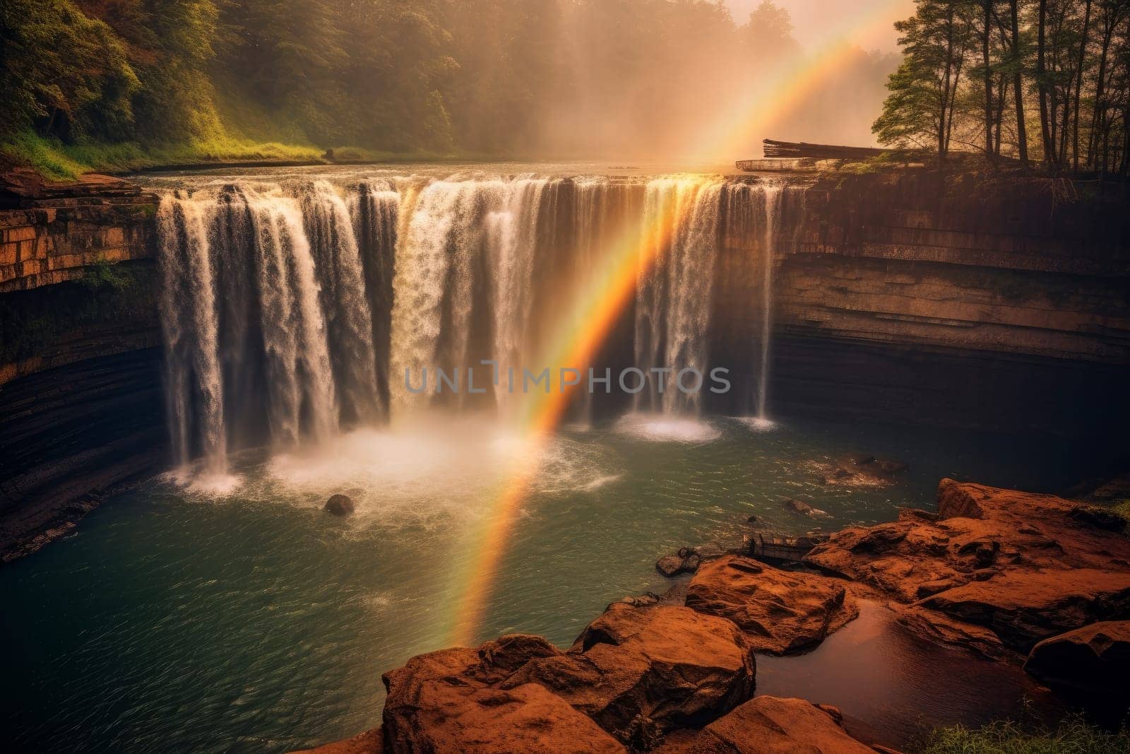 A waterfall with a rainbow in the middle of it