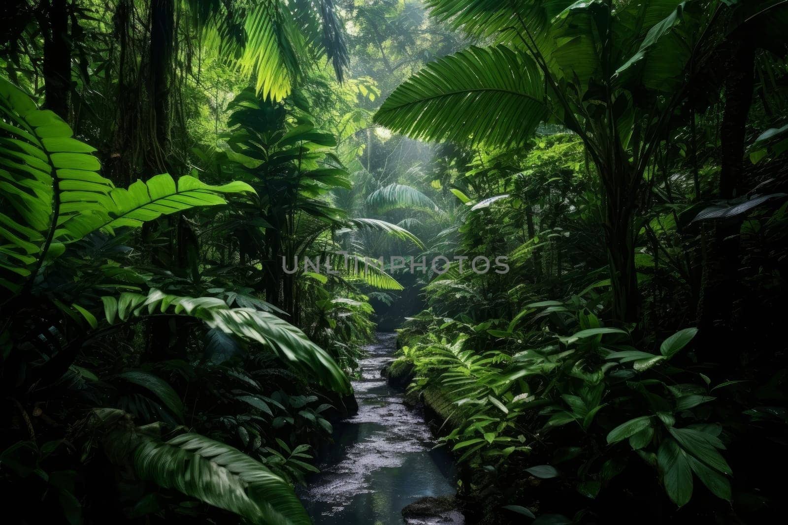 A stream running through a lush green forest