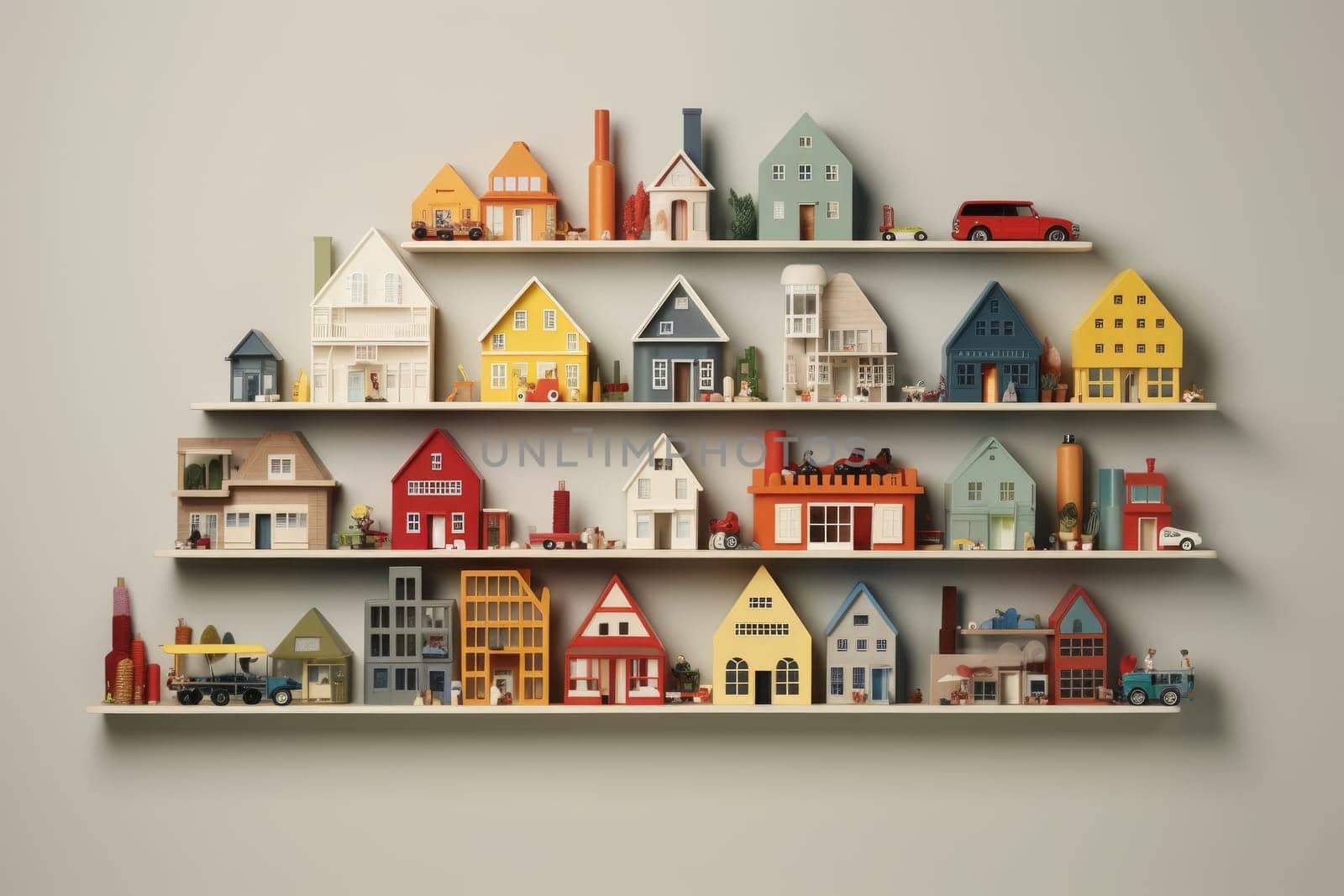 A shelf filled with lots of toy houses