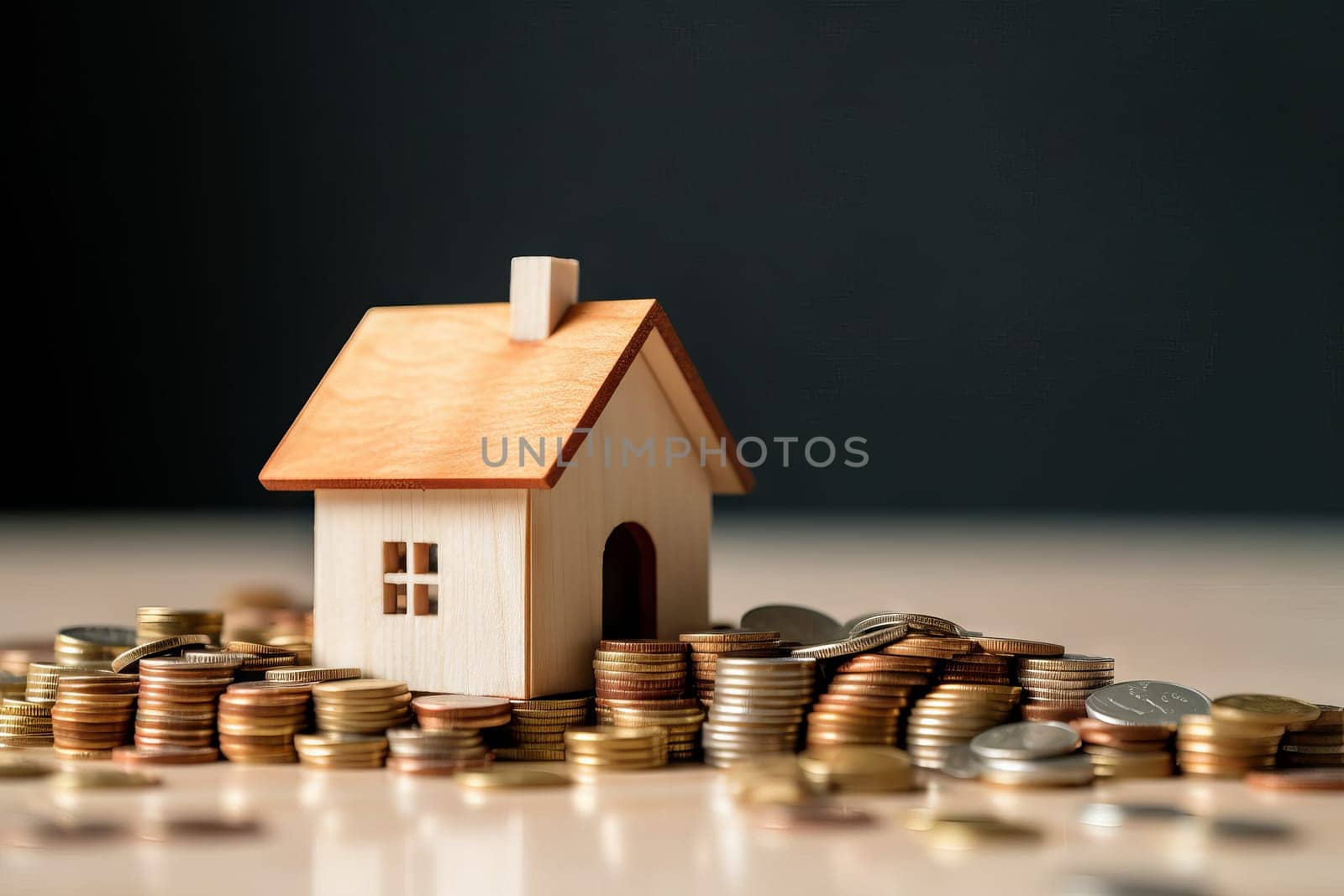 A small house sitting on a pile of coins