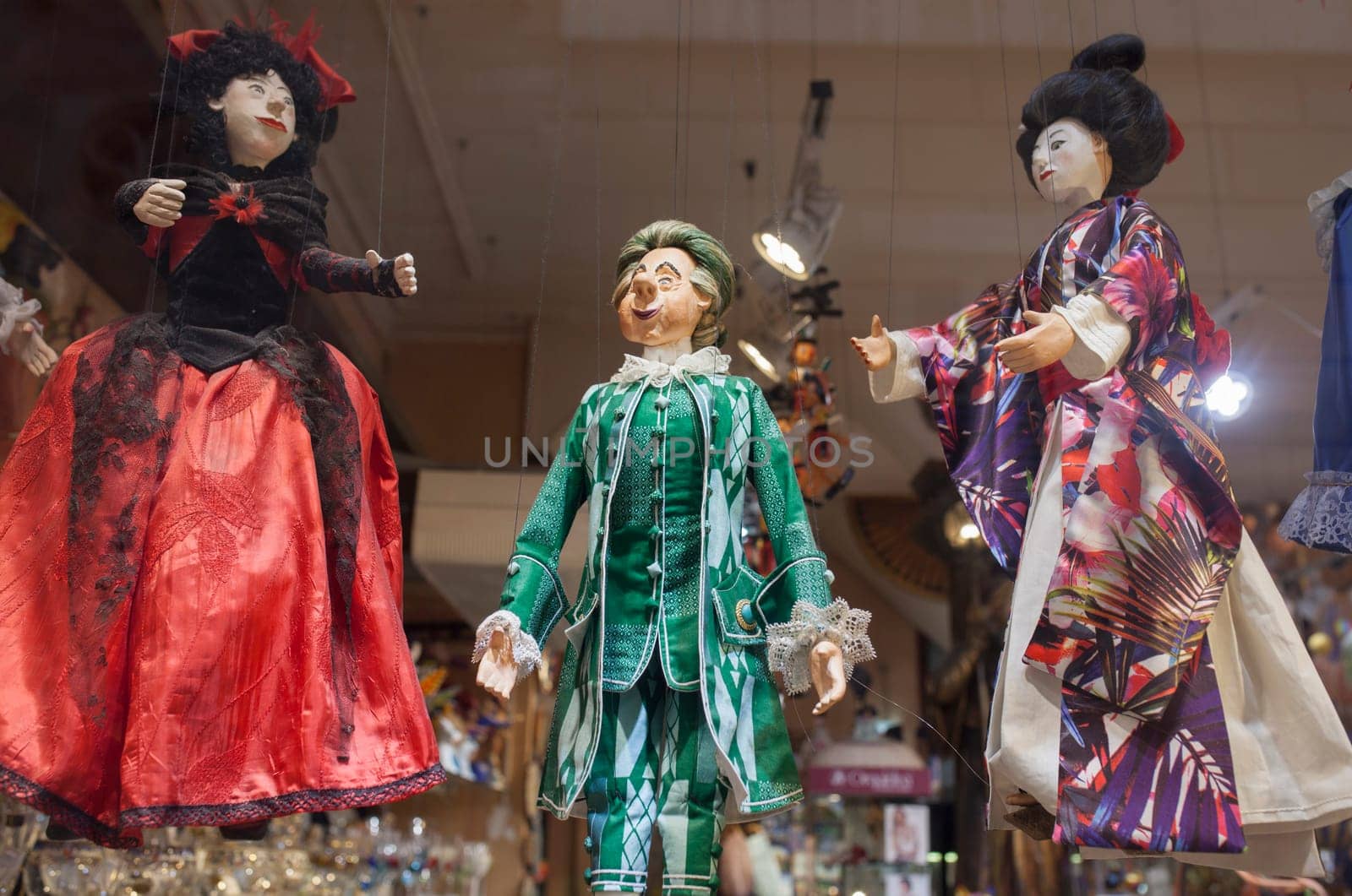 Barcelona, Spain - Dec 29th 2019: Vintage puppets displayed at souvenirs shop. Gothic Quarter, Catalonia, Spain