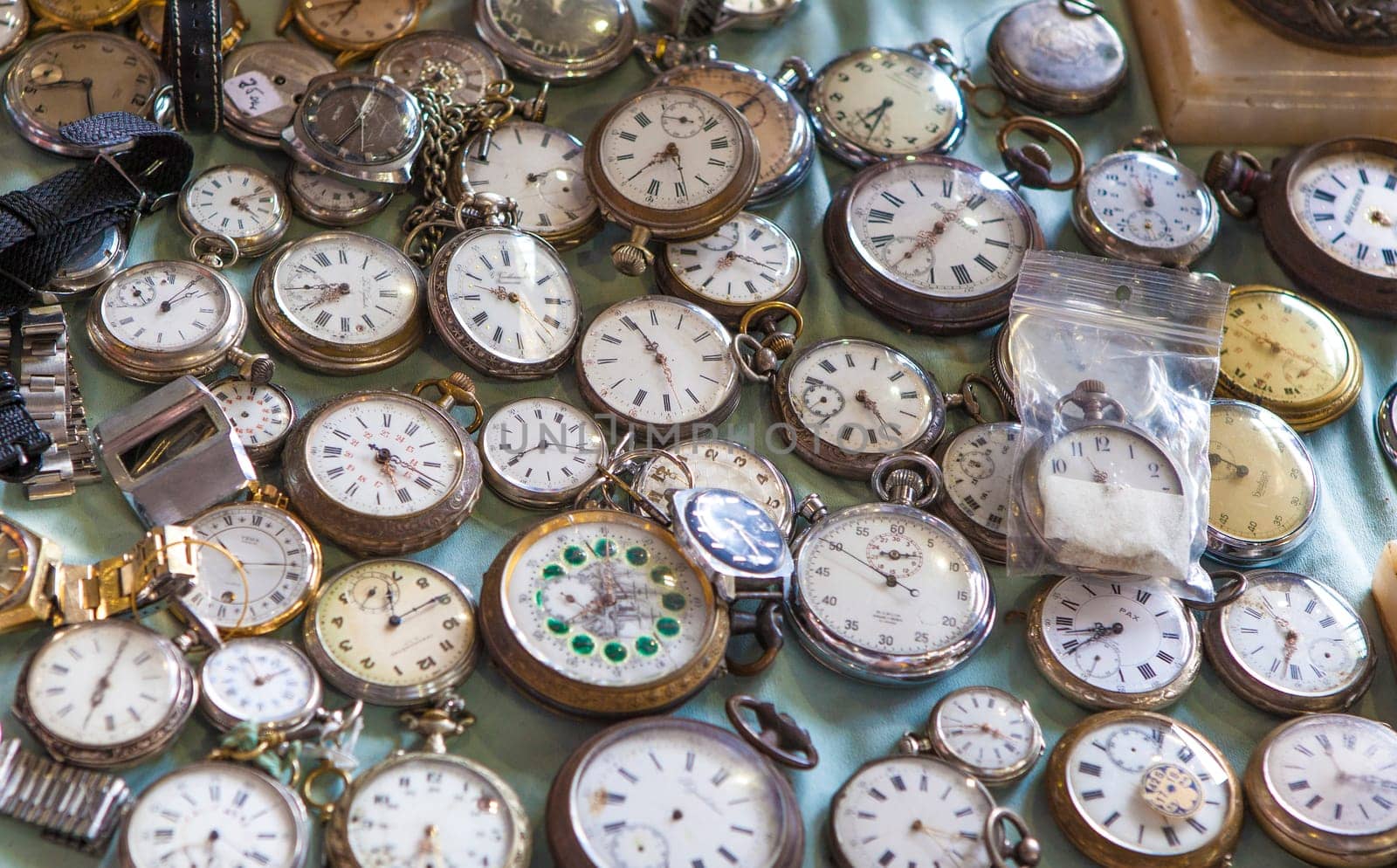 Barcelona, Spain - Jun 30th, 2023: Lots of old pocket watches for sale. Encants market, Barcelona, Spain