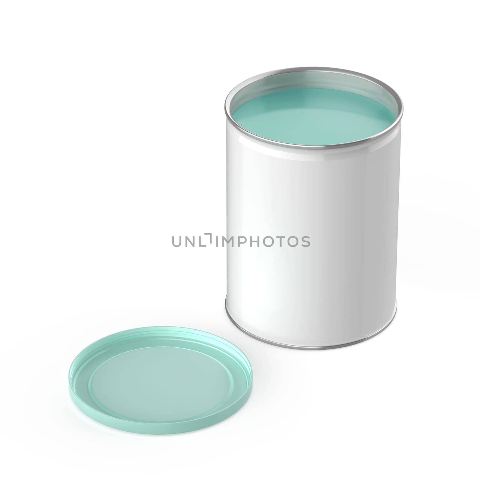 Metal can with turquoise paint on white background
