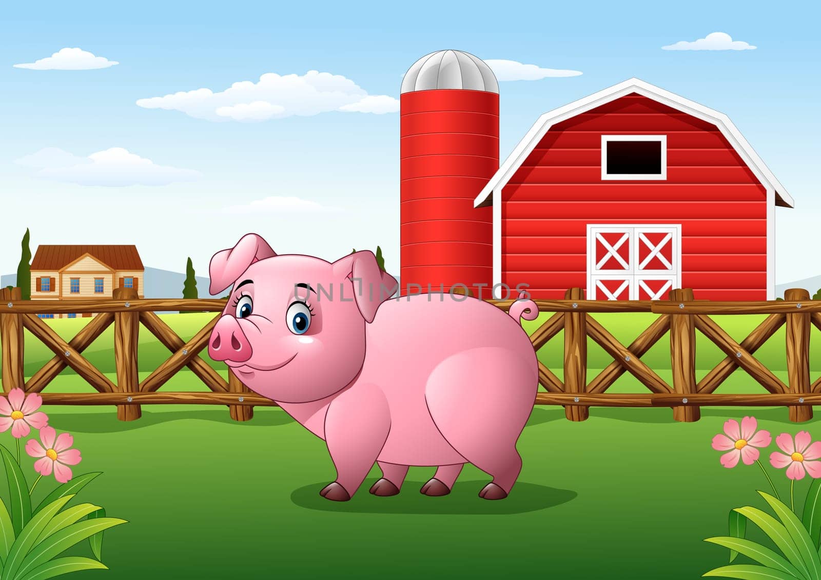 Cartoon pig in the farm background