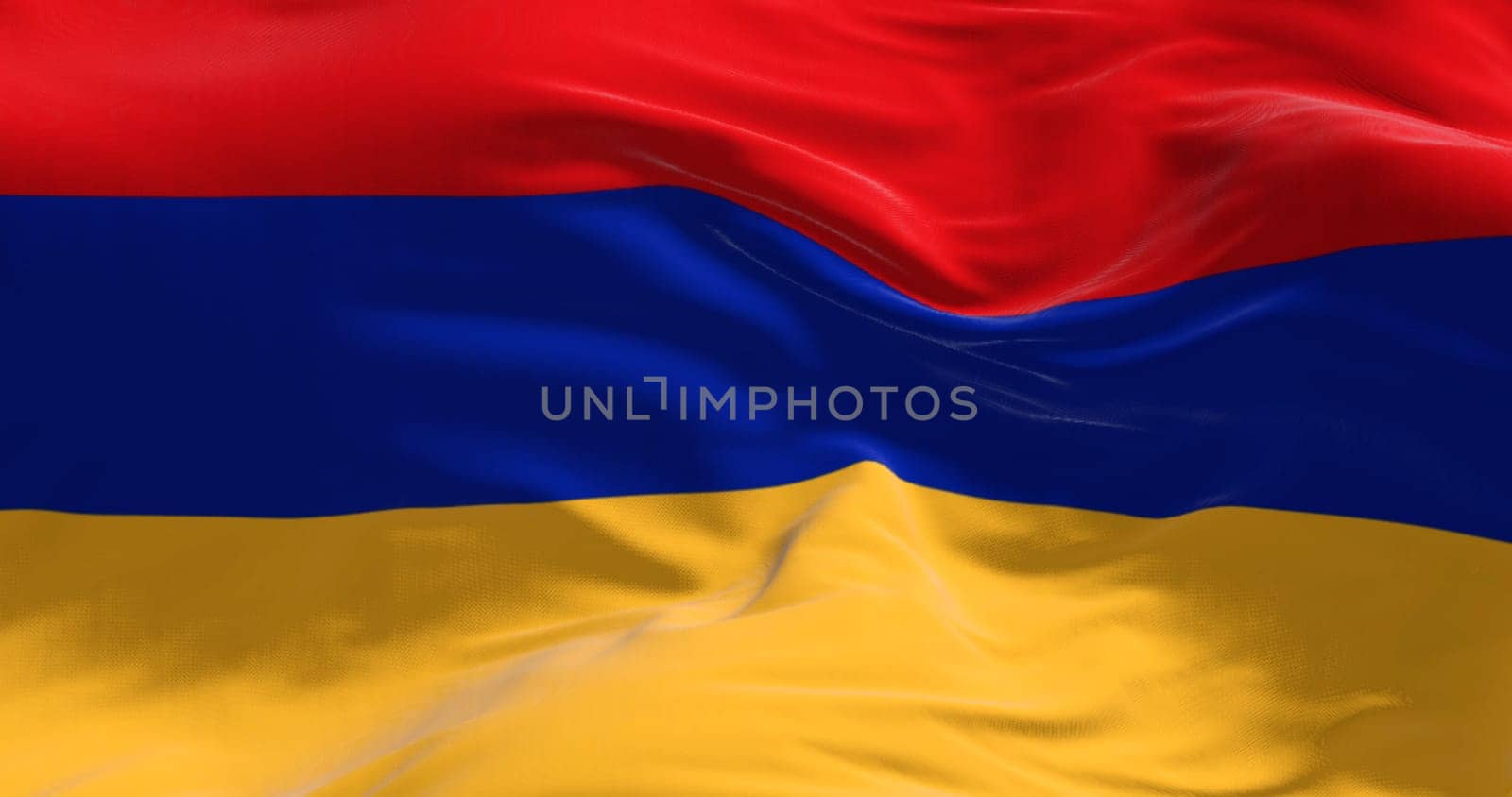 Close-up of the national flag of Armenia waving in the wind. Three horizontal bands in red, blue and apricot. 3d illustration render. Rippled fabric background