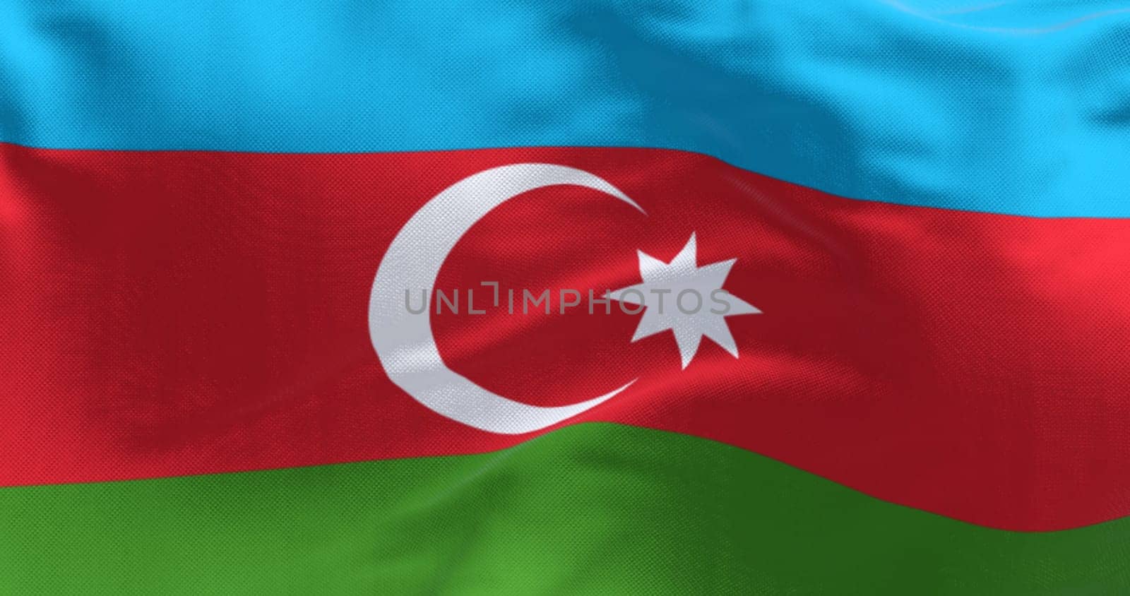 The national flag of Azerbaijan waving in the wind. Horizontal tricolour of blue, red, green with a white crescent and star. 3D illustration render. Rippled fabric background