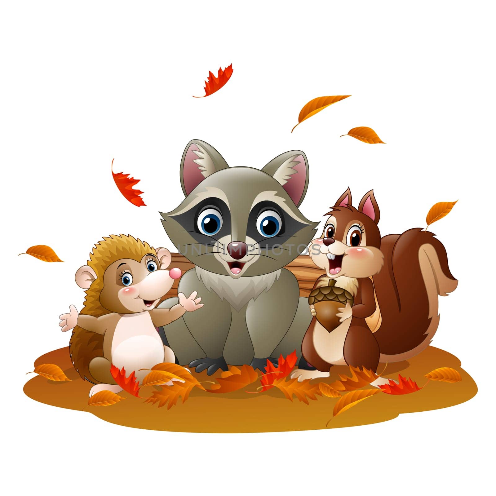 Cartoon funny raccoon, hedgehog and squirrel in the autumn weather