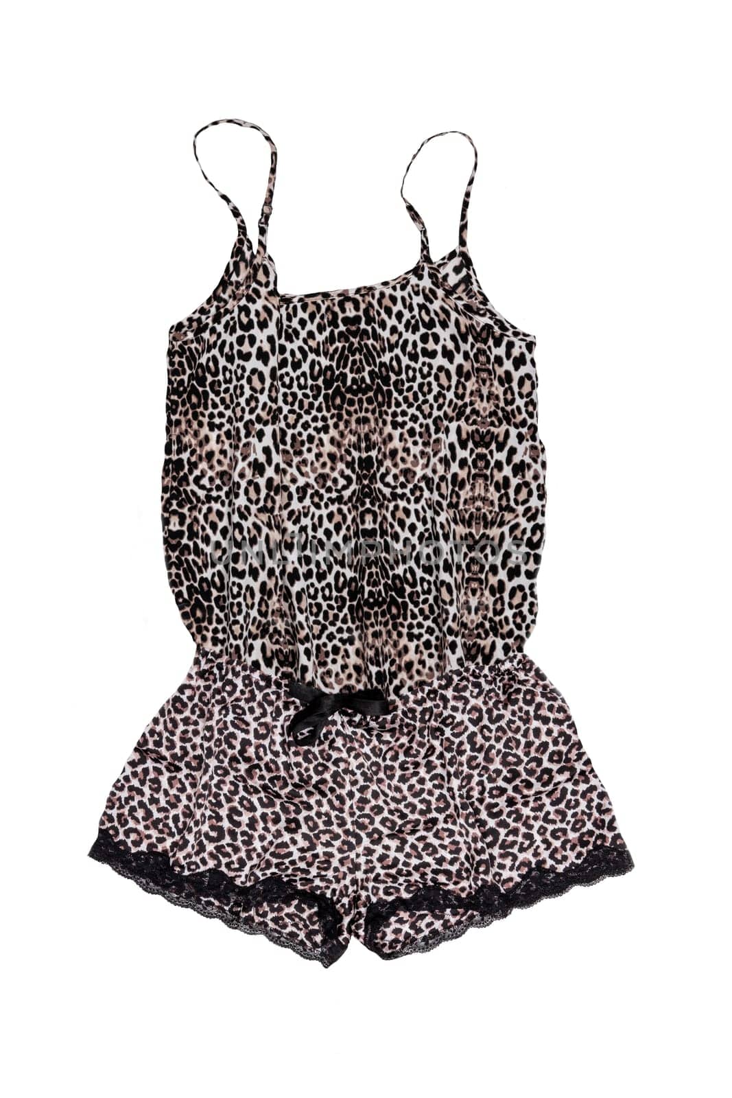 Night gown isolated. Close-up of female sexy silk night lingerie top and panties with leopard pattern isolated on a white background. Fashionable night wear or nighties.