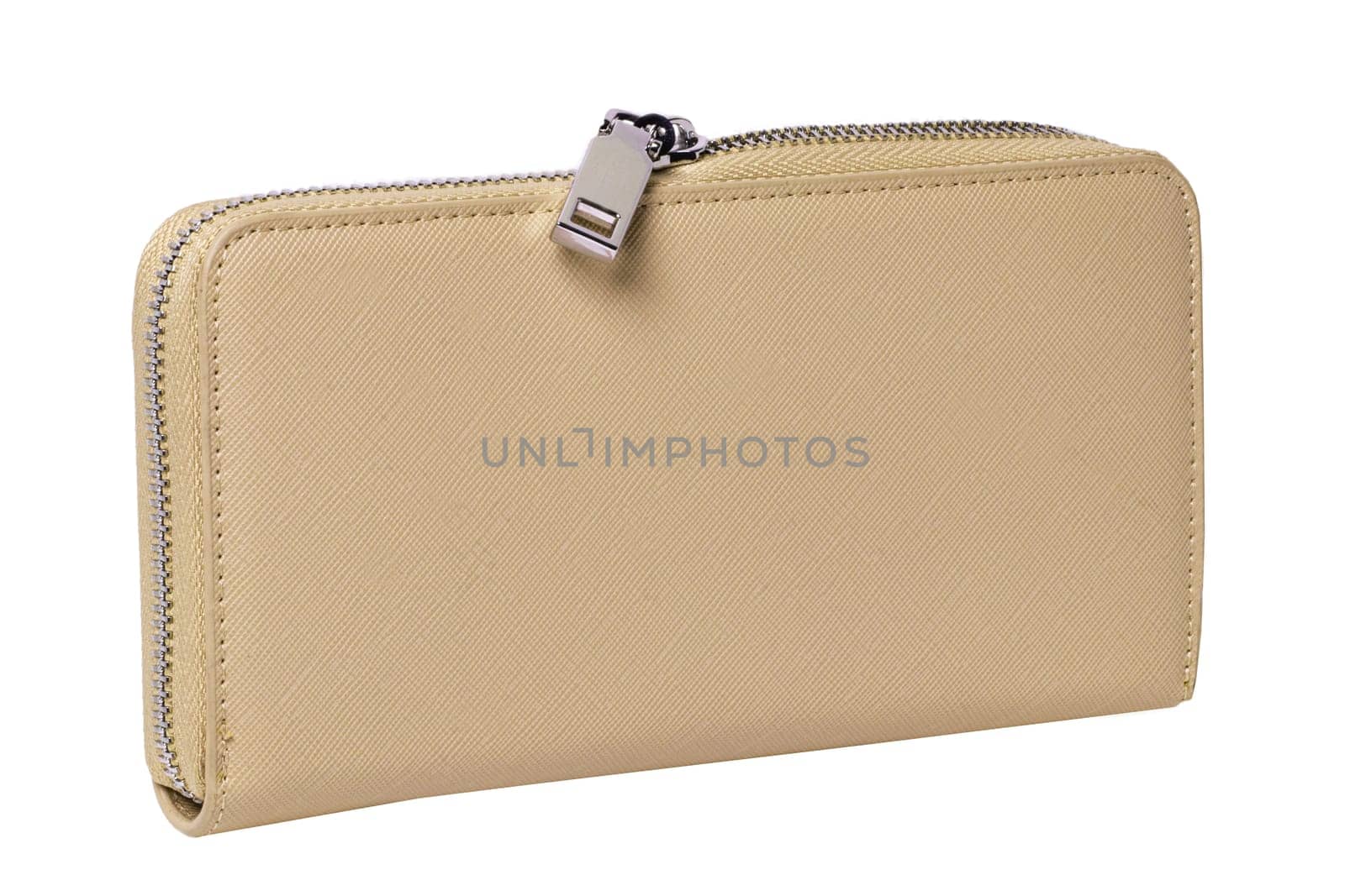 Fashionable beige womens wallet or purse isolated on a white background. Female trendy accessories. Woman's hand bag.