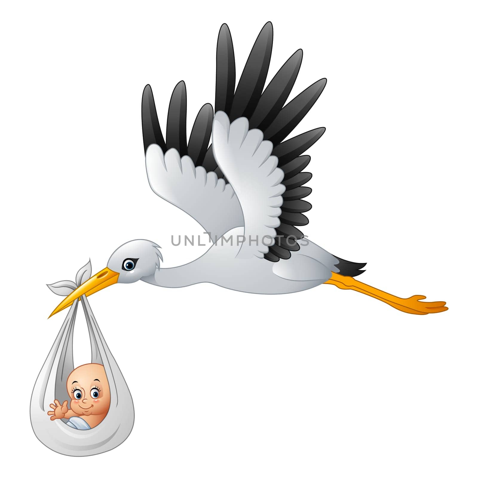 Cartoon stork with baby