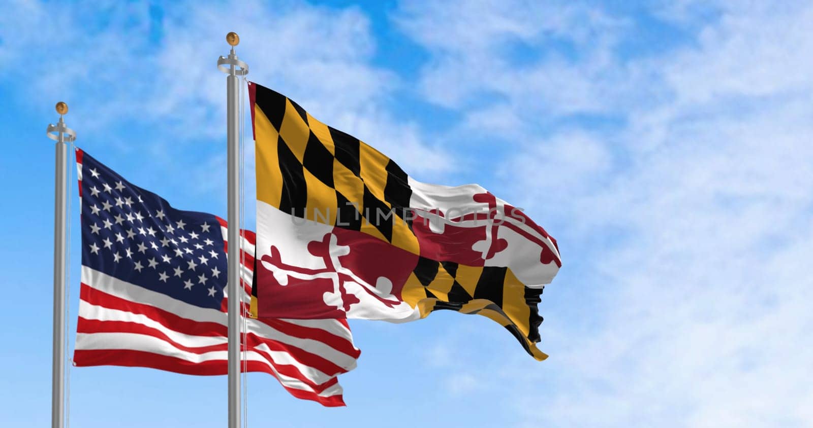 Flags of Maryland and of the United states waving in the wind on a clear day. Patriotic and symbolic image. 3d illustration render. Fluttering fabric