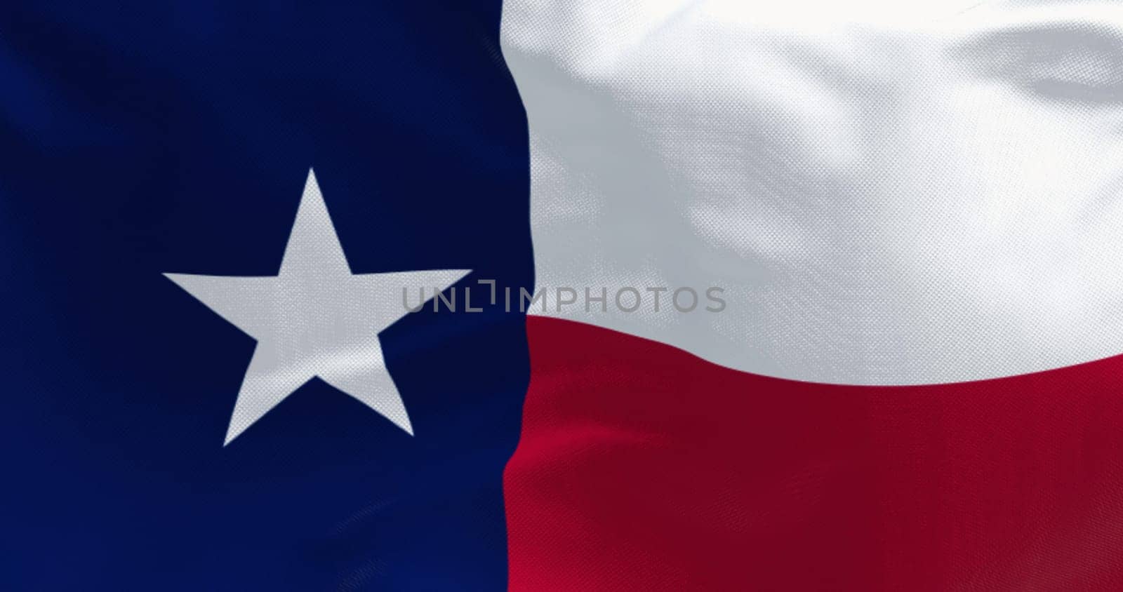 Close-up of Texas state flag waving in the wind. Blue vertical stripe with white star, white and red horizontal stripes. 3D illustration render. Close-up. Fluttering fabric background