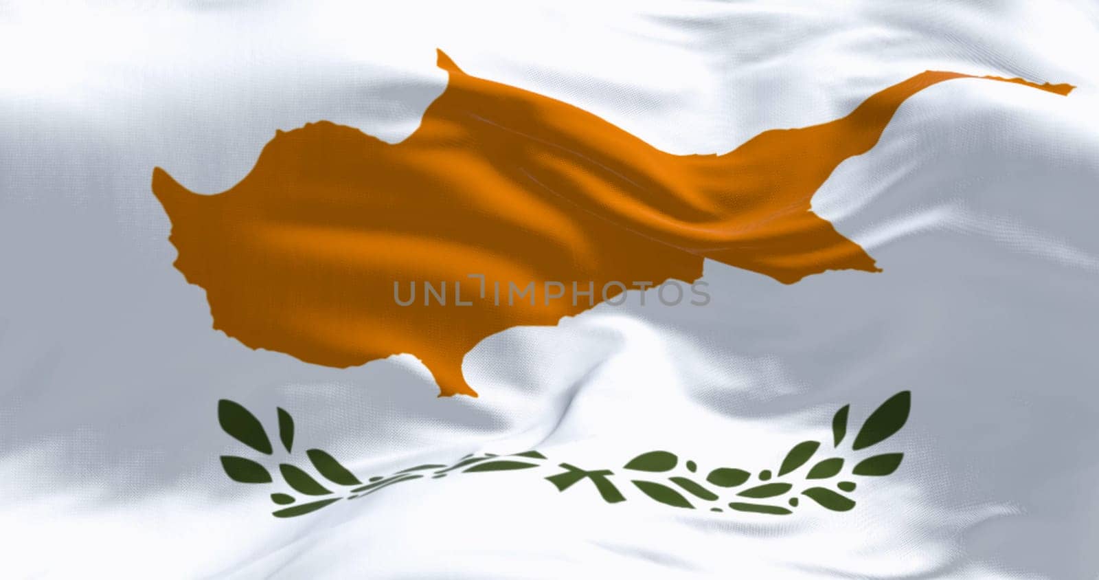 Close-up of Cyprus national flag waving in the wind on a clear day. White with a copper-orange island silhouette and two green olive branches below it. 3d illustration render. Fluttering fabric