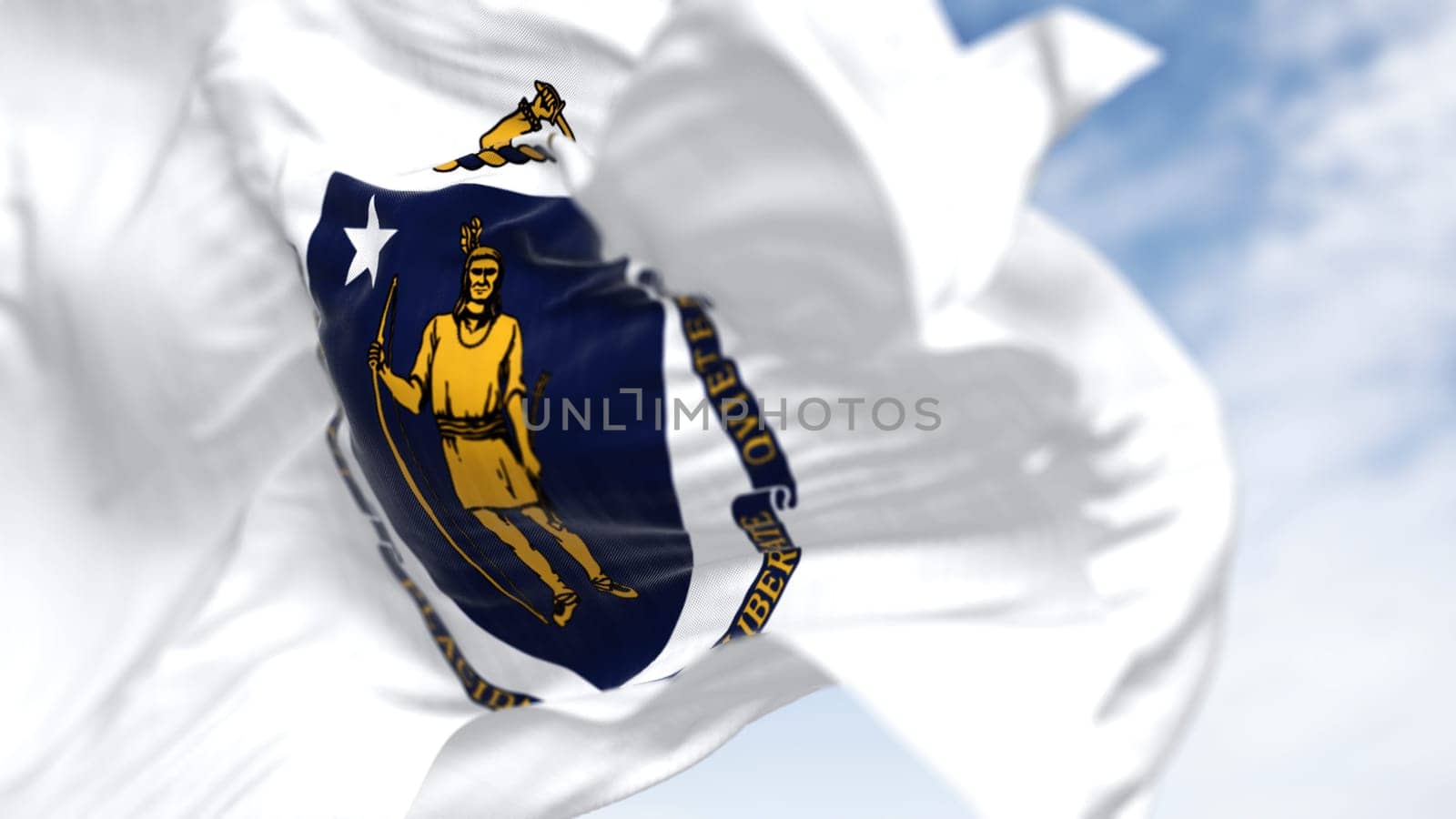 Close-up of Massachusetts state flag waving. State coat of arms on white background  depicts Algonquin for peace, white star for state's admission to Union. 3D illustration render. Selective focus.