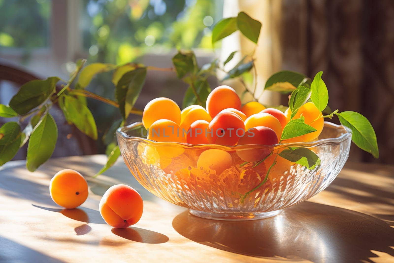 Fresh apricots in fruit crystal bowl on a table in the kitchen backlit by warm sunlight. Green leaves around. Bowl full ripe juicy apricots on the wooden table. Natural sweet dessert. Healthy diet. Rustic style