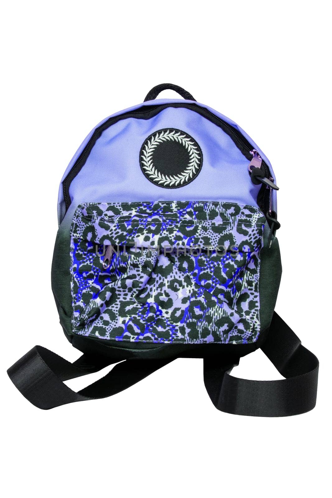 Closeup of a colorful blue comfortable school backpack isolated on a white background. Concept back to school. Macro.