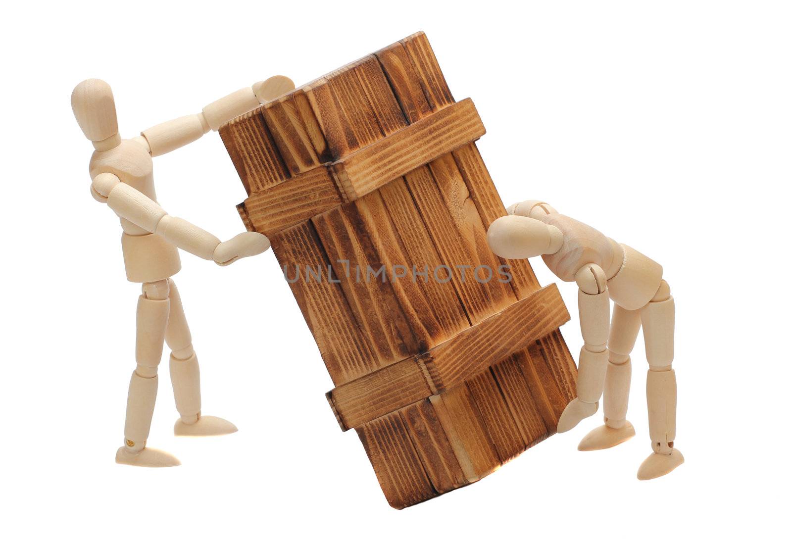 transportation of wooden box by dolls