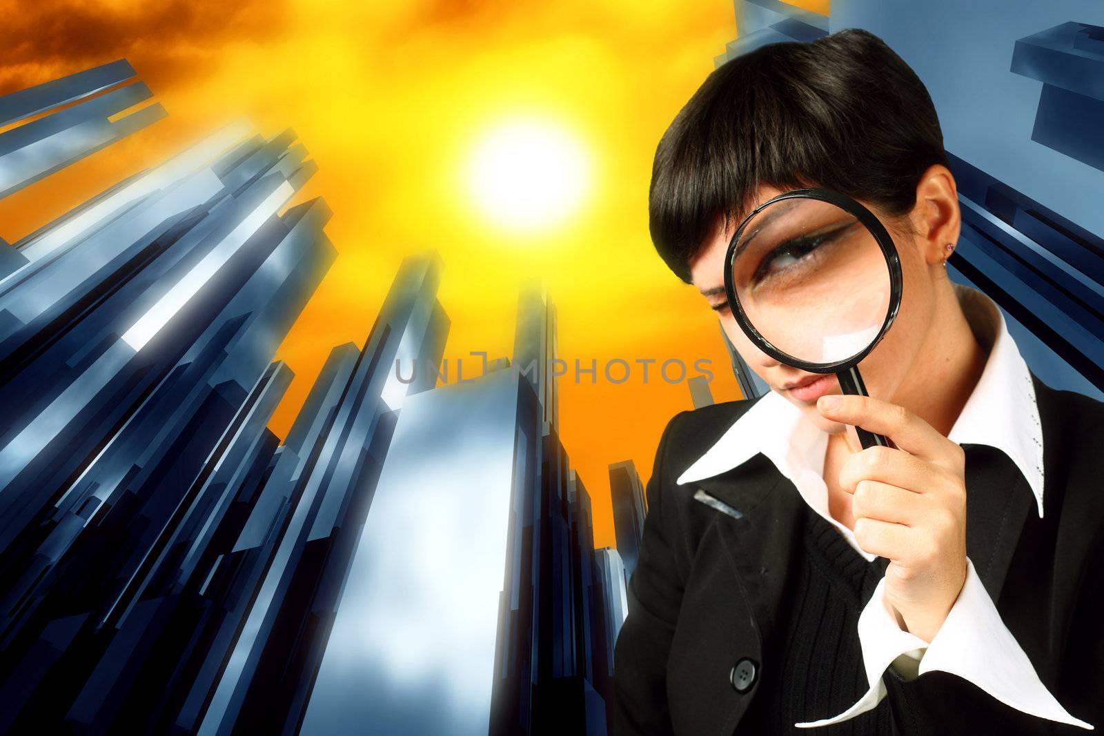 girl eye in magnifier search for you in abstract skyscrapers world