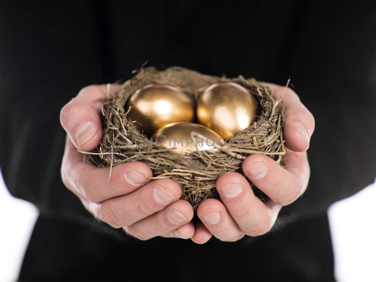 businessman holding nest with gold eggs by kozzi