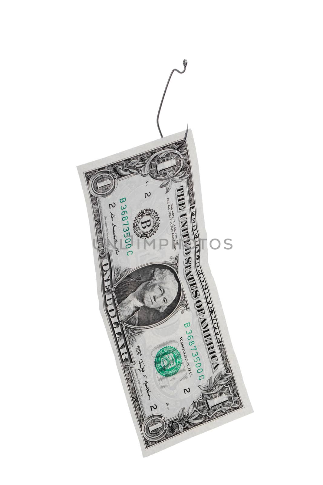 Close-up image of one dollar hanging on the fish hook over the white background