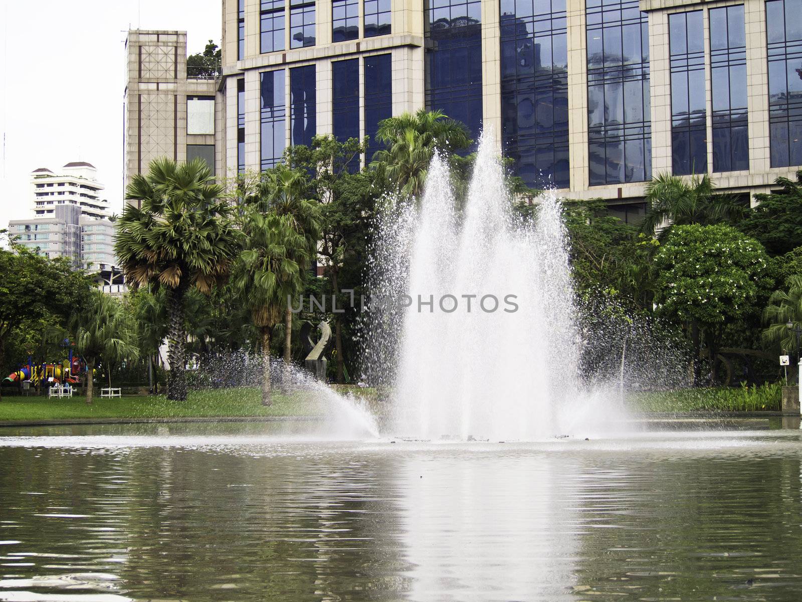 garden with pond and fountain at benjasiri pank, bangkok, thailand