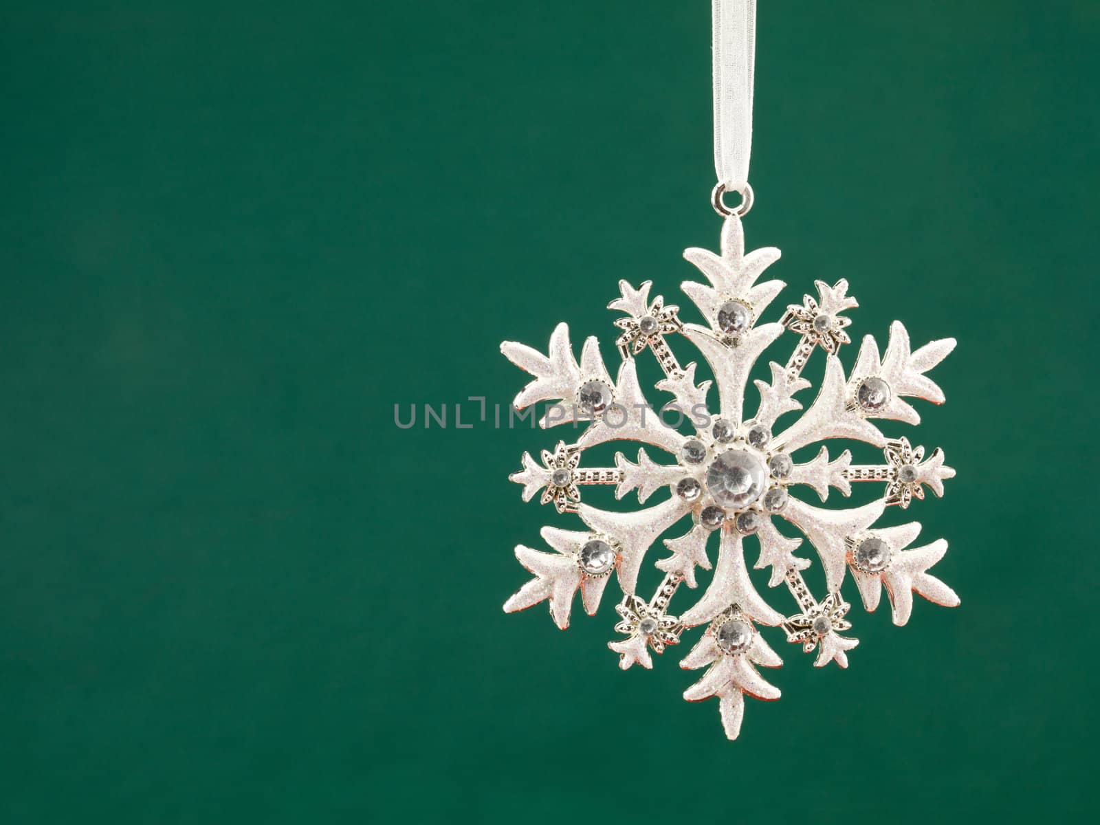 Close-up of snowflakes pattern bauble hanging over green background.