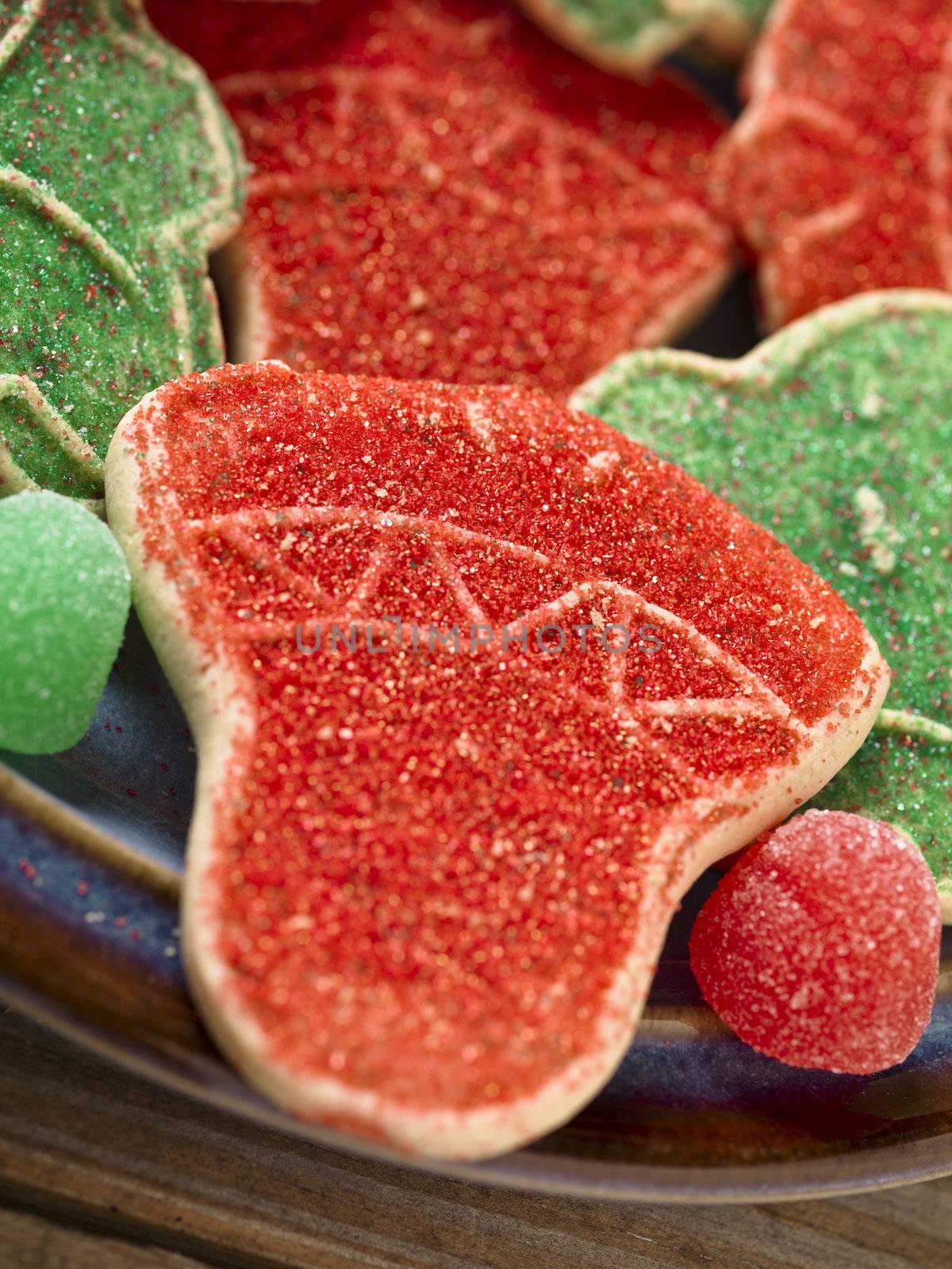 A close-up cropped image of Christmas cookies on a plate