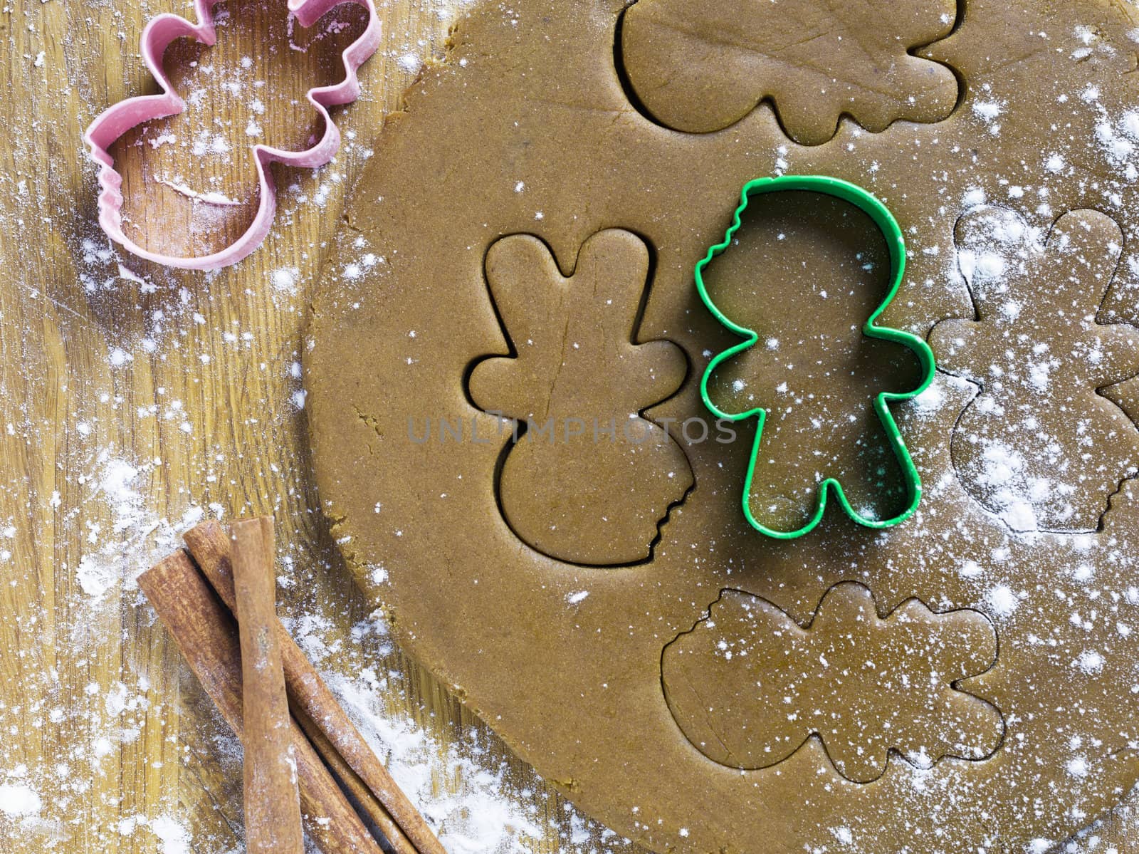 Shape of ginger bread man on dough in a macro image