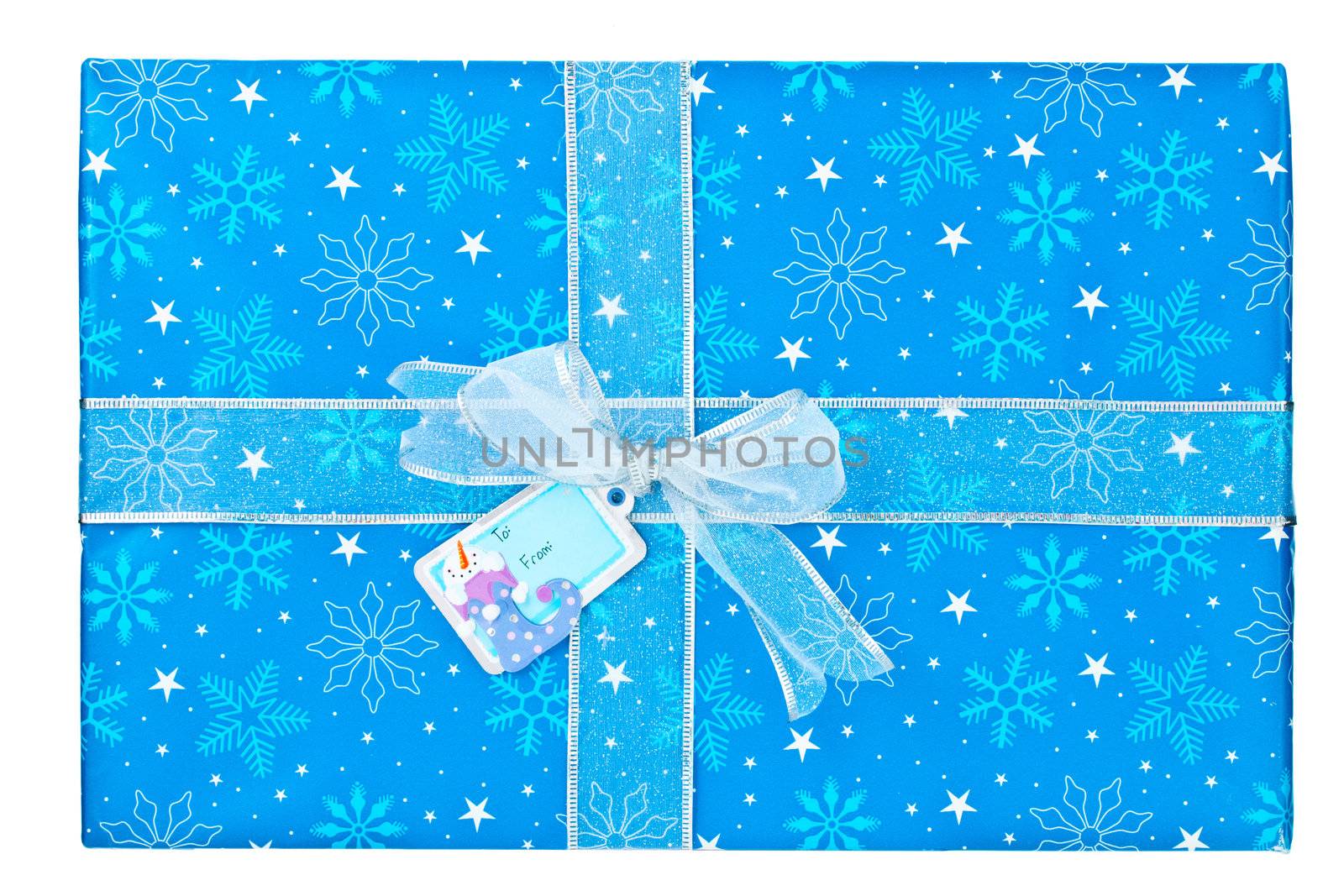 close up image of blue gift box with snowman sticker by kozzi