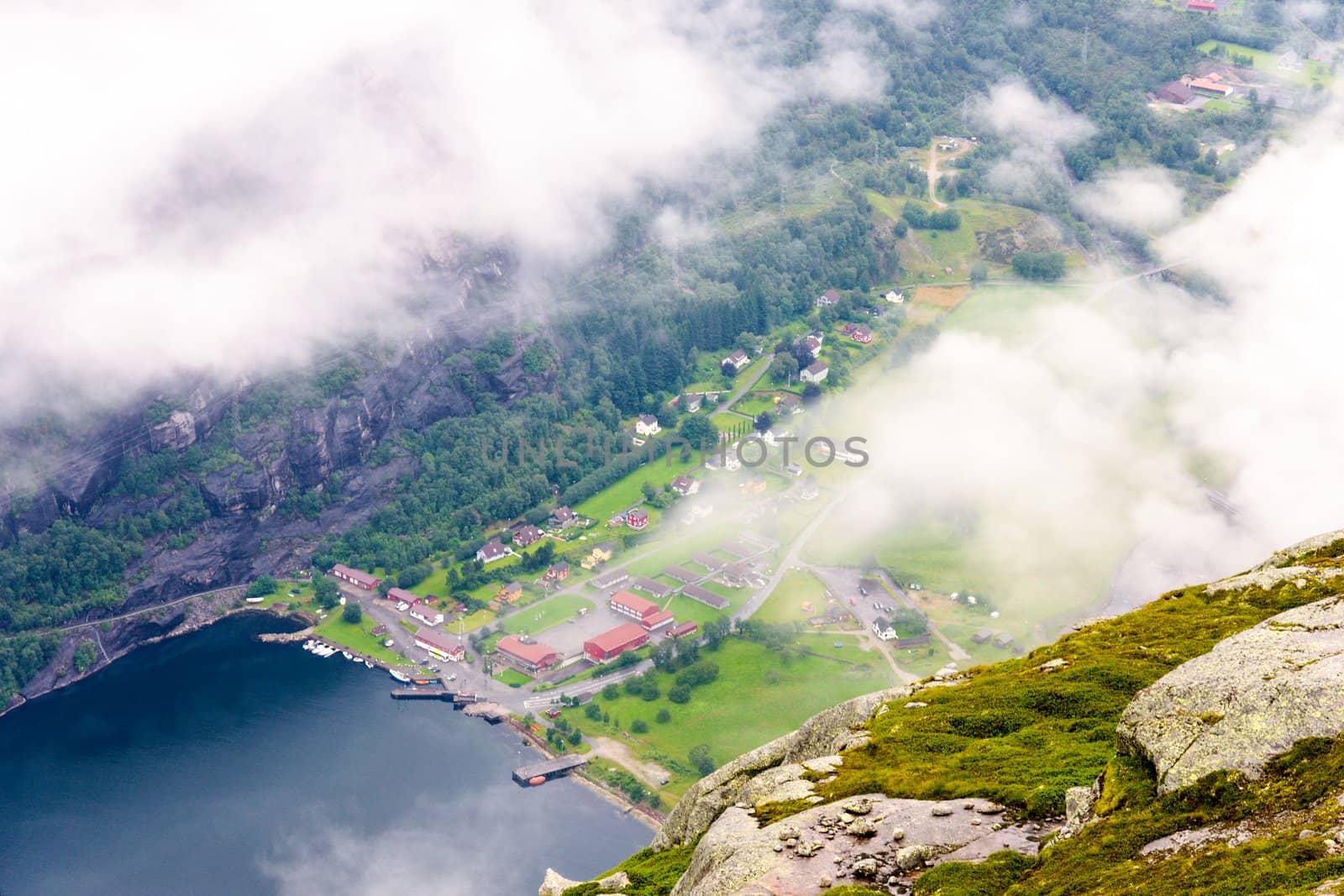 Norway. View of Lysefjord and Lysebotn from mountain.