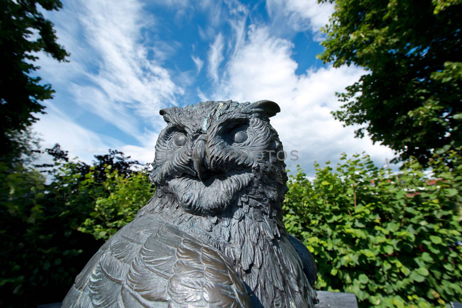 Statue of an Owl against a summer sky in Oslo botanical garden