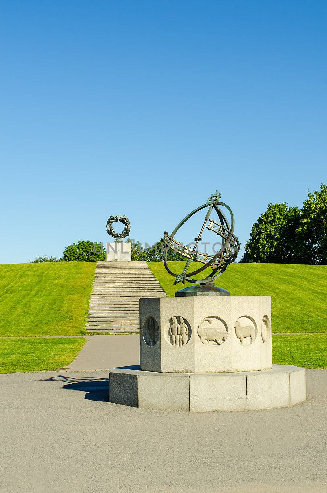 OSLO, NORWAY - JUNE 19: Statues in Vigeland park in Oslo, Norway on June 19, 2012.The park covers 80 acres and features 212 bronze and granite sculptures created by Gustav Vigeland.