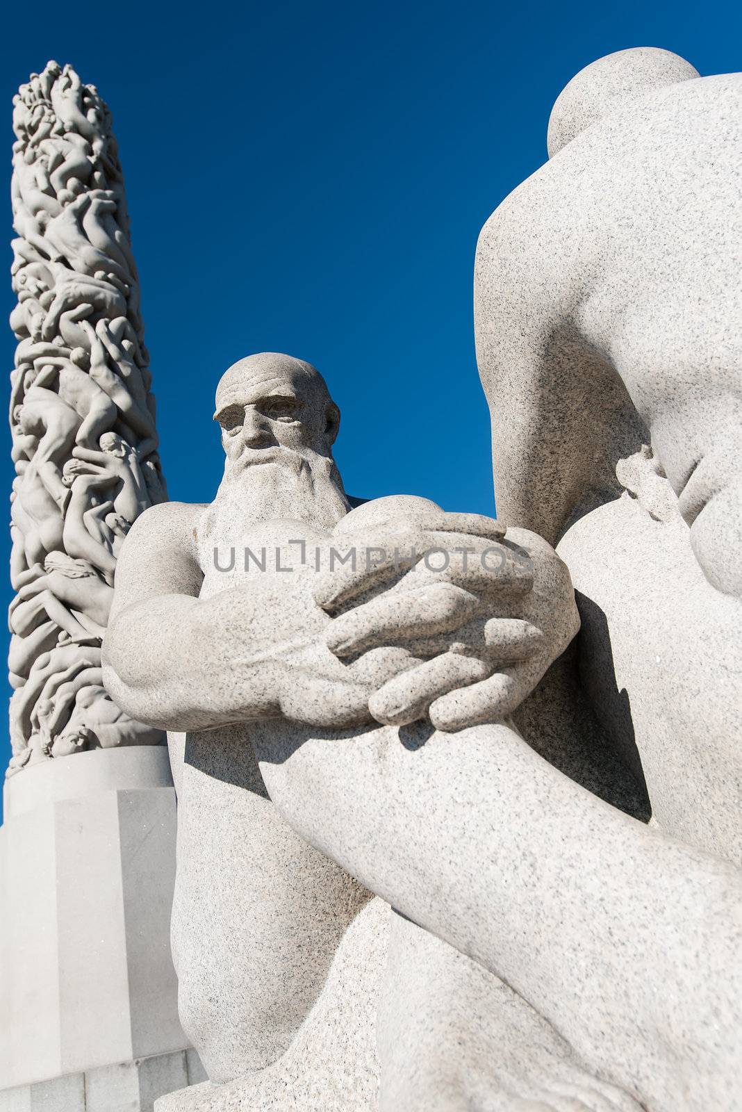 OSLO, NORWAY - AUGUST 27: Vigeland Sculpture Park covers 80 acres (320,000 m2) and features 212 bronze and granite sculptures all designed by Gustav Vigeland. August 27, 2012