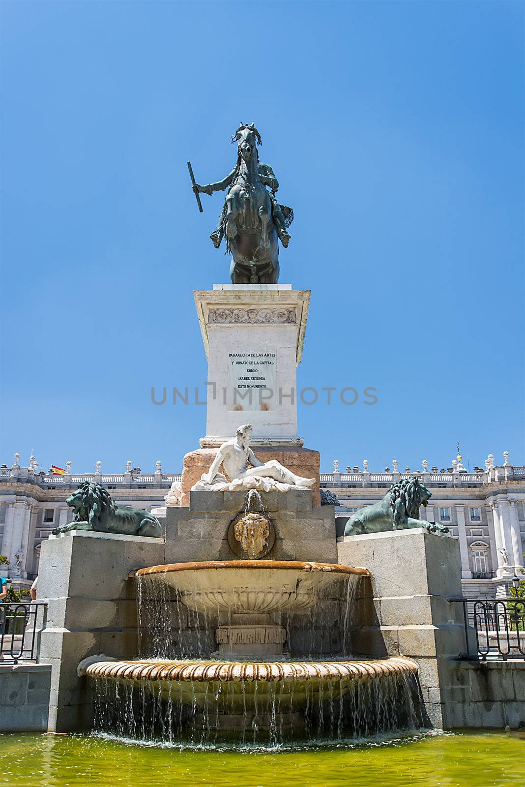 Statue of King, park in front of Royal Palace, Madrid, Spain