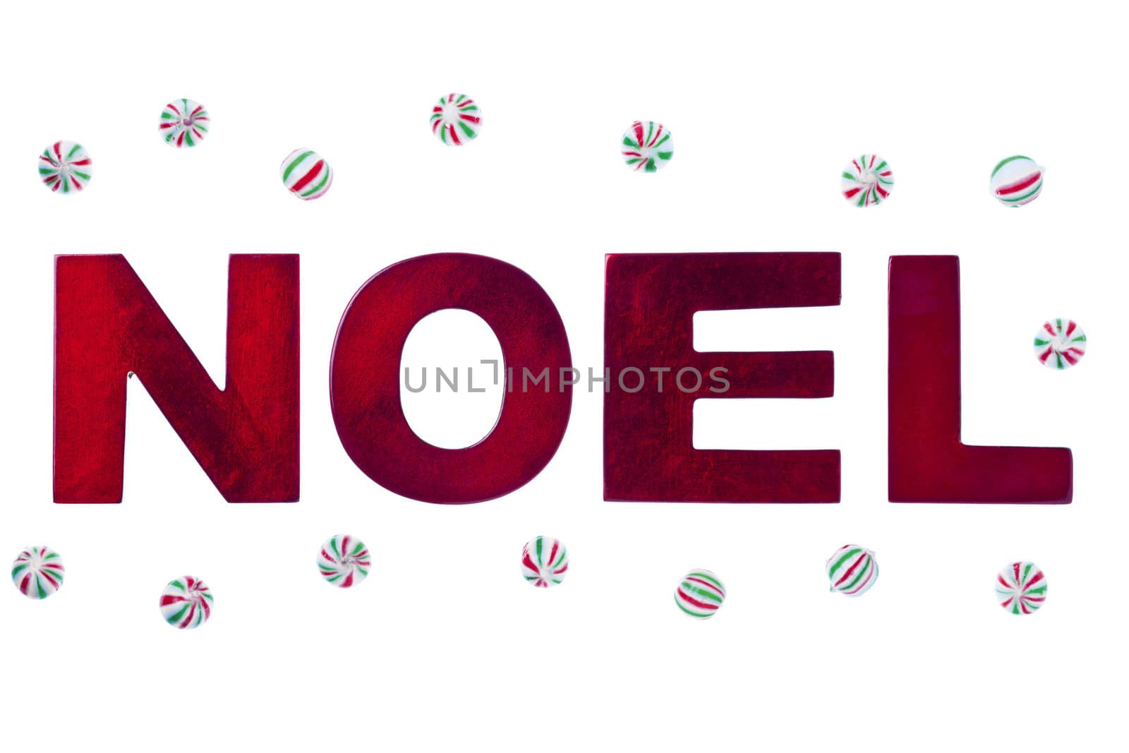 “NOEL”, word and striped candies isolated on white