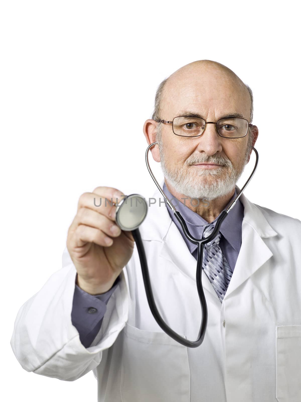 Close-up image of an old male doctor with an eyeglasses holding a stethoscope 